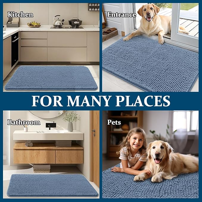 OLANLY Dog Door Mat for Muddy Paws 47x24, Absorbs Moisture and Dirt, Absorbent Non-Slip Washable Doormat, Quick Dry Chenille Mud Mat for Dogs, Entry Indoor Entryway Carpet for Inside Floor, Airy Blue