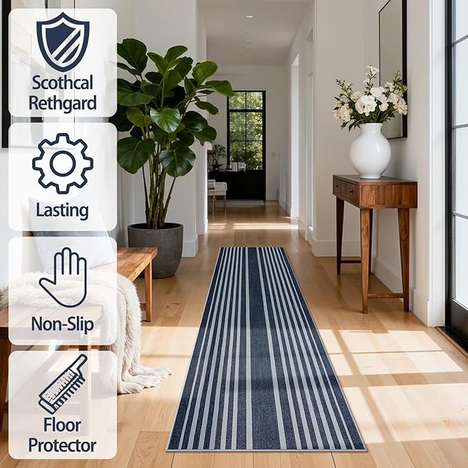 Beeiva Striped 2X6 Runner Rug for Bathroom, Washable Runners for Hallways Entryway, Blue Runner Rugs with Non Slip Rubber Backing, Soft Low Pile Floor Carpet for Indoor Kitchen Porch Bedroom