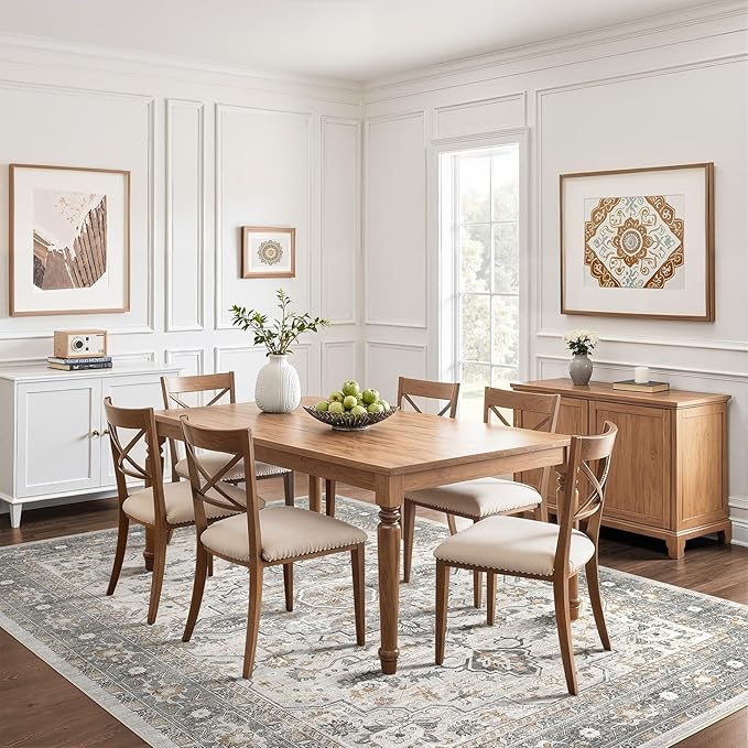 7x9 Area Rug Living Room: Washable Boho Large Neutral Vintage Soft Rugs Stain Resistant Distressed Farmhouse Non-Slip Indoor Floor Carpet for Bedroom Nursery Kids Office Dining Room- Taupe