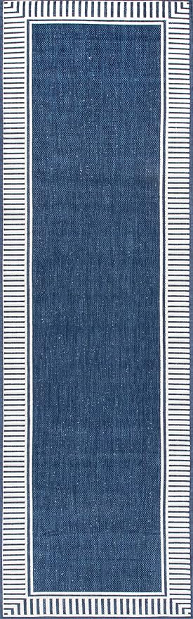 Nuloom Asha Navy/Ivory, 2' x 8', Casual, Striped Border, Soft and Cozy, High Traffic, Stain Resistant, Easy Clean, Durable Runner for Indoor/Outdoor Patio, Deck, Porch, Garden, Courtyard