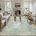 9x12 Area Rug Teal Beige Abstract Living Room Bedroom Washable Carpet Neutral Modern Non-Slip Soft Low Pile Lightweight Vacuumable Large Throw Rug for Dining Room