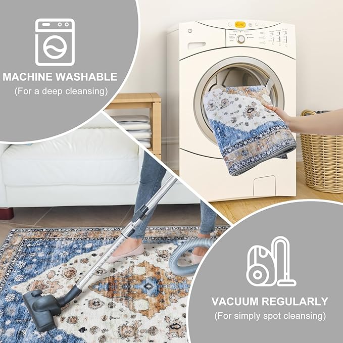 COMSLE Boho Runner Rug, 2 x 7 Ft Washable Area Rugs for Hallway Faux Wool Small Kitchen Distressed Throw Rug Non-Slip Laundry Room Carpet Runner for Entryway Indoor Door Mat Bedroom