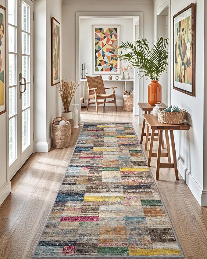 LUMI Washable Runner Rug, 3'x7' Non-Slip Hallway Mat, Low Profile Thin Long Carpeet for Laundry Kitchen Bedroom Office, Multicolor