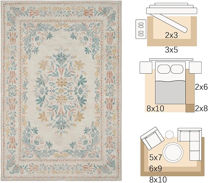 jinchan Vintage Floral Runner Rug 2x6 - Machine Washable Distressed Design Non-Slip Low-Pile Soft Thin Carpet for Hallway Kitchen Farmhouse Bedroom Entryway Laundry Room (2x6ft, Apricot Multi)