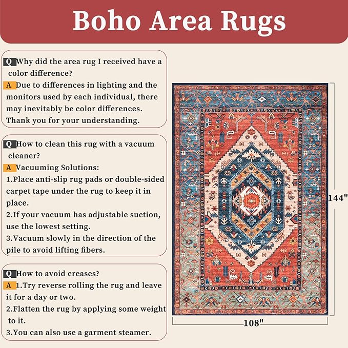 SERISSA Washable Rugs 9x12 Area Rugs, Large Non-Slip Boho Living Room Rust Rug, Ultra Soft Vintage Print Distressed Oriental Tribal Farmhouse Carpet for Dining Room Bedroom Dorm Office Home Decor