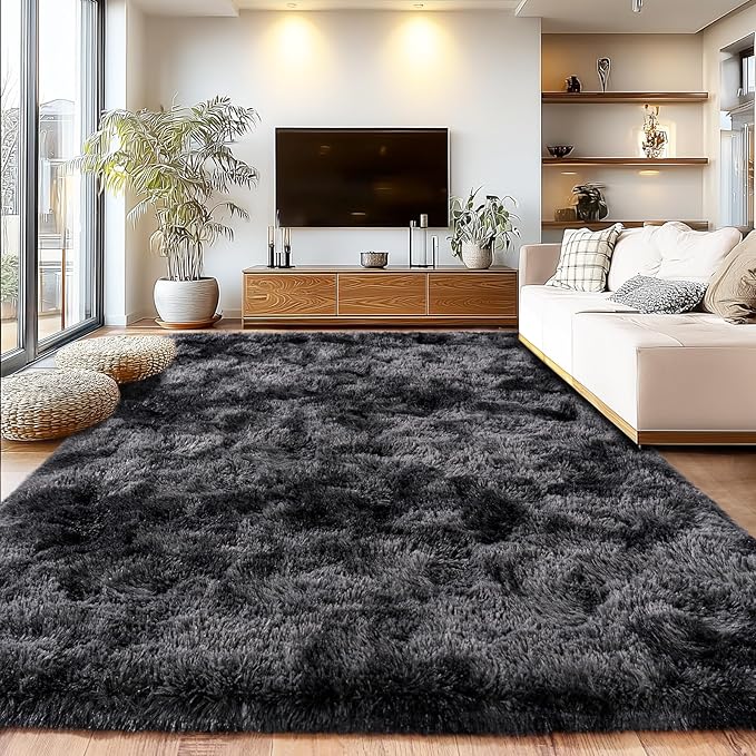 Tie-Dyed Black Grey Shaggy Rugs Fluffy Carpets, Indoor Modern Plush Area Rugs for Living Room, Upgrade Anti-Skid Area Rug, Rectangular 9x12 Feet Fuzzy Rug for Nursery Home Decor