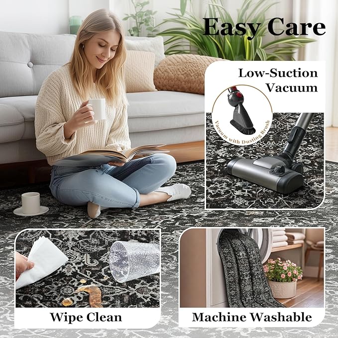 Charcoal Black Entryway Rug Indoor, 2x3 Small Door Rugs for Entry Way/Kitchen/Bathroom, Washable Non Slip Low Pile Thin Door Mat Indoor Entrance, Vintage Retro Dark Rug with Decorative Fringe