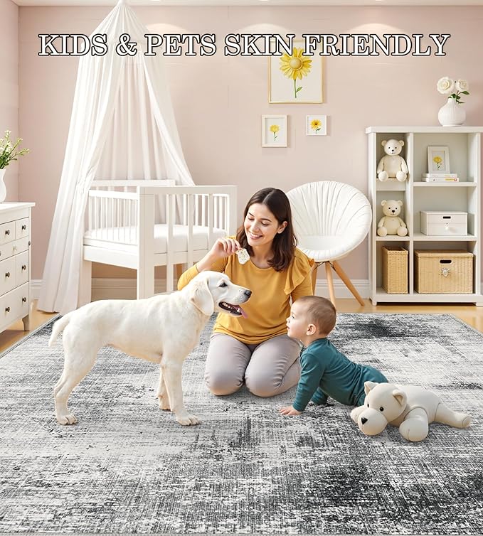 4x6 Washable Area Rugs - Modern Abstract Rugs for Living Room Non-Slip Low Pile Soft Machine Washable Carpet for Bedroom, Dining Room, Nursery, Home Office, Farmhouse (4'x6' Dark Grey)