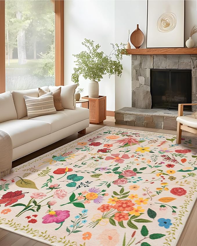 Boho Washable Area Rug 5x7 – Floral Low Pile Non-Slip Carpet for Living Room, Bedroom, Office, Playroom, Entryway, Kitchen, Dining Room (Beige)