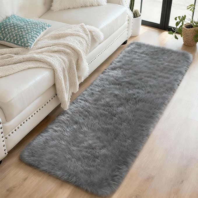 2x6 Solid Fluffy Grey Area Rug – Washable, Durable, Small Bedroom Runner Rug, Non-Slip Shag Rugs for Hallway, Living Room, Bedroom, Bedside, Dorms, Kids Room, Nursery Rooms, Soft Indoor Carpet