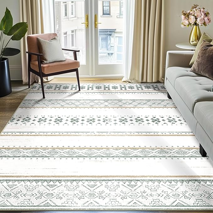 BESTSWEETIE 5x7 Area Rugs for Living Room Washable Moroccan Farmhouse Neutral Geometric Low Pile Non-Slip Soft Print Pattern Rug for Bedroom Kitchen Dining Room Entryway Green/Brown/Brown