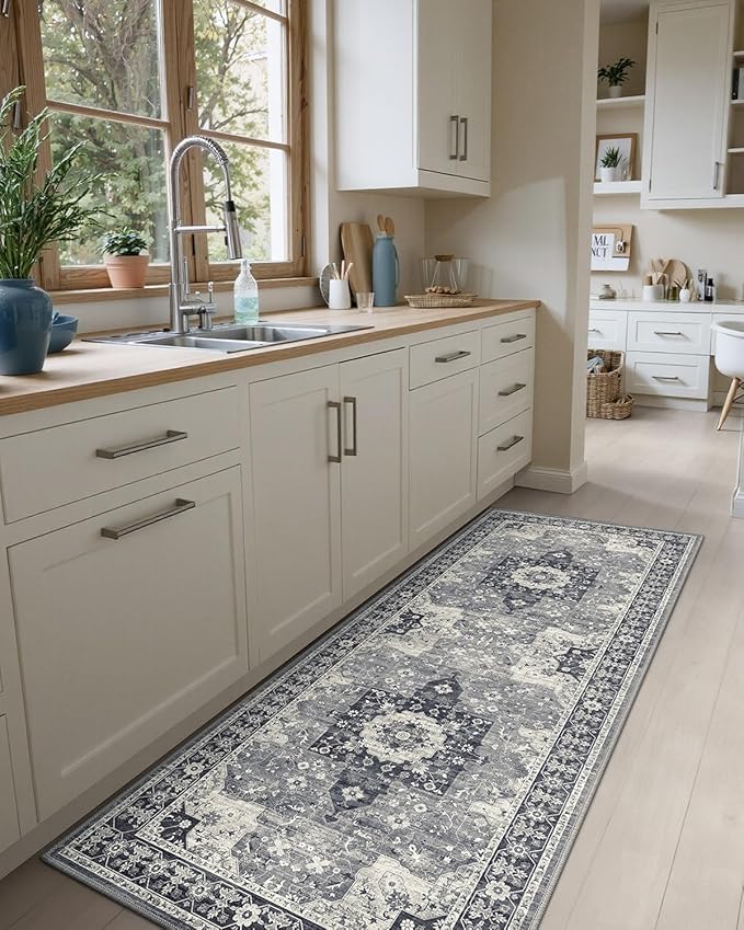 DEXI Hallway Runner Rug 3x12, Distressed Non Slip Runners Carpet, Boho Vintage Soft Thin Indoor Rug, Stain Resistant Washable Entry Mat for Entryway Kitchen Laundry Room Living Room, Blue Grey