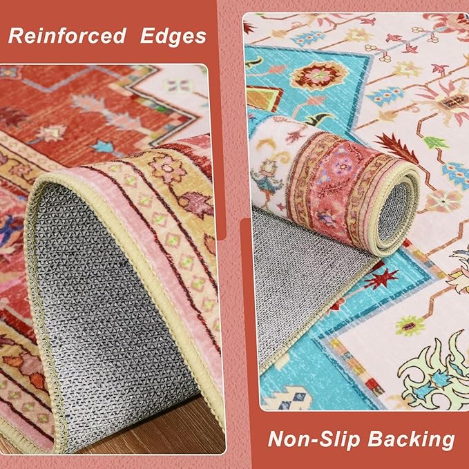 3x5 Orange Pink Area Rug for Living Room, Machine Washable Rugs with Non-Slip Backing for Bedroom, Vintage Medallion Carpet Kitchen Laundry Kids Room Decor