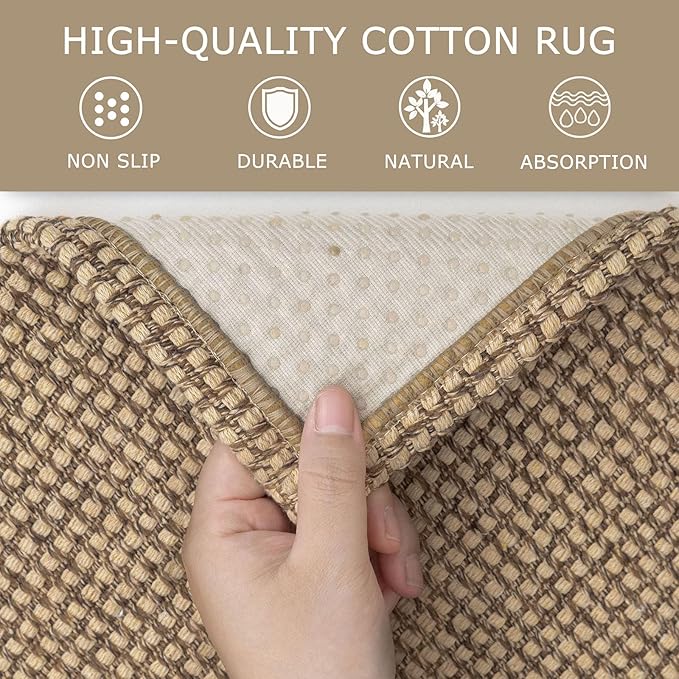 KOZYFLY Area Rug Runner Sets of 2 Pcs 2x3 and 2x5 Washable Kitchen Rugs Non Slip Rubber Backed Hallway Rug Woven Cotton Entrance Rugs for Front Porch Bathroom Kitchen Bedroom, Tan/Orange/Brown