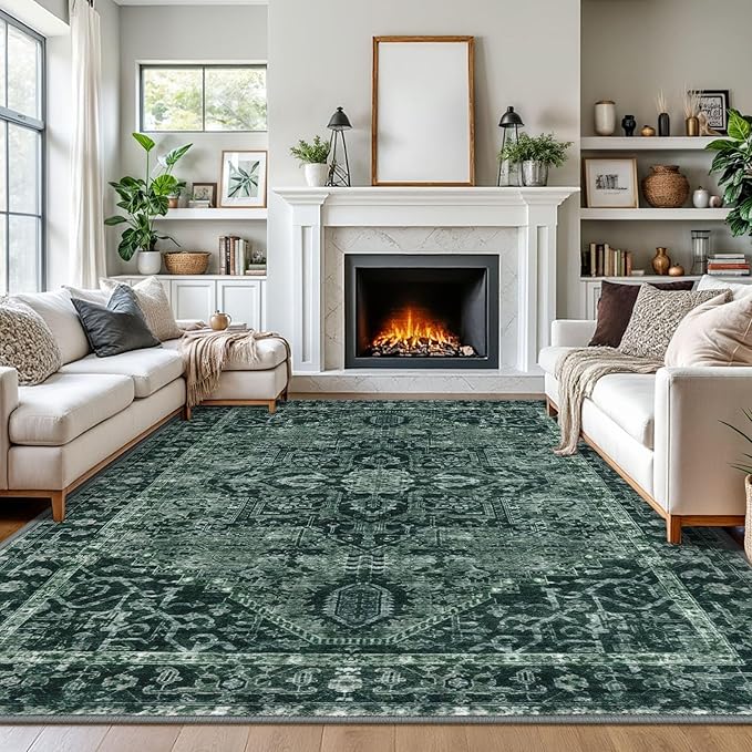 KOZYFLY Area Rug 9x12 Ft Thin Rugs for Living Room Washable Bedroom Rug Non Slip Rugs for Living Room Printed Faux Wool Vintage Bedroom Rug Floor Carpet for Dining Room, Dark Green