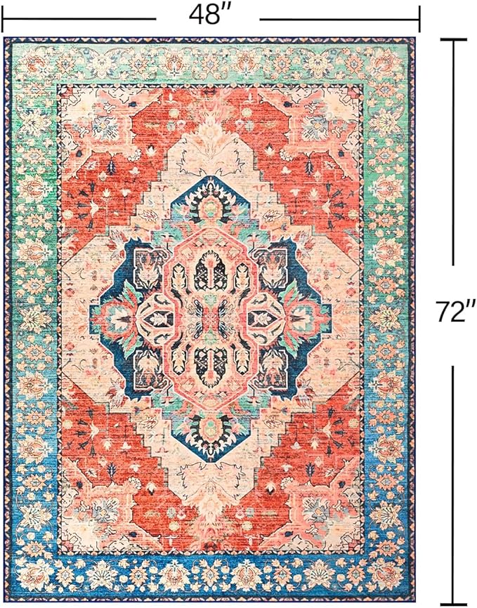 YJ.GWL Area Rugs for Living Room 4x6 Machine Washable Rugs for Bedroom, Non Slip Floral Vintage Rug Indoor Carpet, Stain Resistant Throw Rug for Dining Room Kitchen, Red Blue Gradient Color