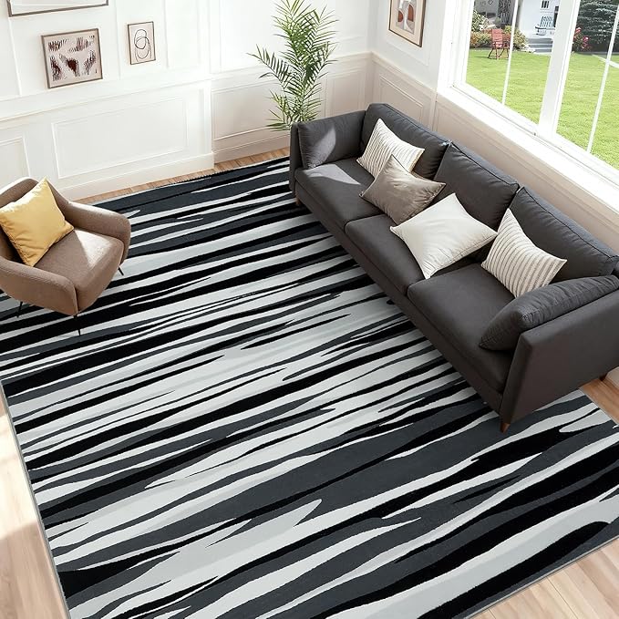 YIHOUSE 8×10 Ft Area Rugs for Living Room: Modern Abstract Black Grey and White Rug - Nonslip Washable Striped Rug for Bedroom Dining Room Office Playroom Nursery Home Decor