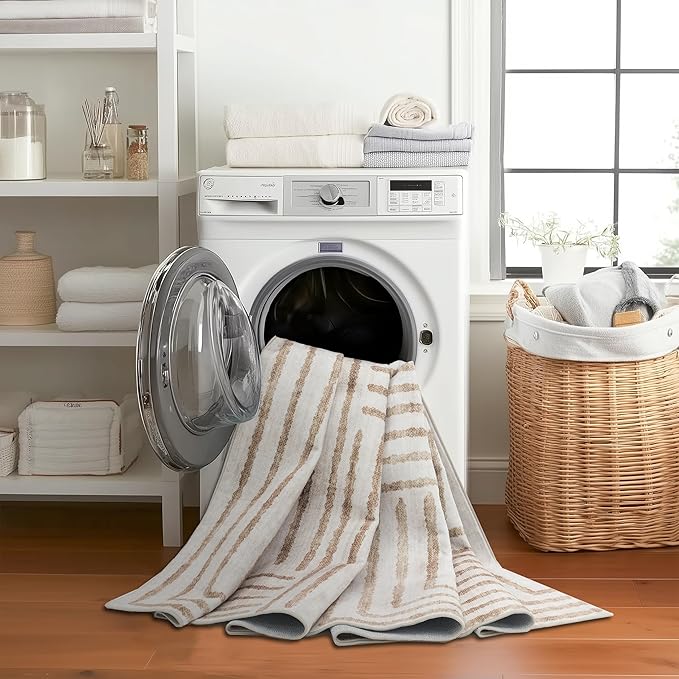 ReaLife Rugs Machine Washable Area Rug Runner - Living Room Bedroom Bathroom Kitchen Entryway Office - Non-Slip Baking Low Pile Stain Resistant Premium - Modern Geometric - Finn - Beige 2'6" x 6'