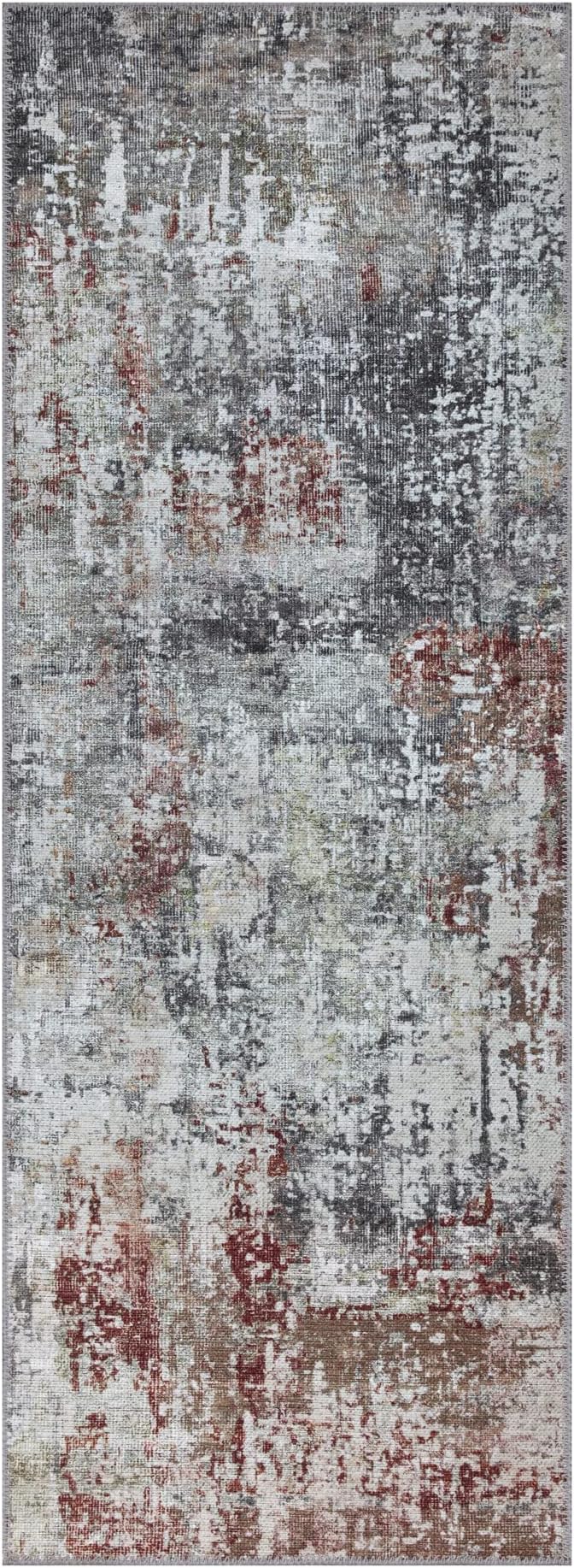 Bloom Rugs Washable Non-Slip 7 ft Runner - Gray/Red/Brown Modern Abstract Runner for Entryway, Hallway, Bathroom, and Kitchen - Exact Size: 2.5' x 7'