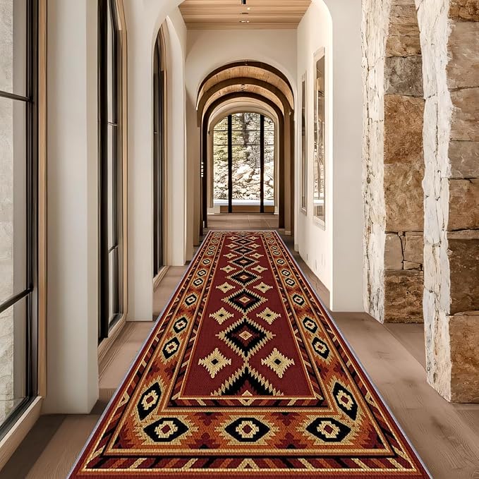 Burgundy Diamond Runner Rug, 2.6x7ft Hallway Runner Rugs - Corridor & Foyer Area Rugs, Non-Slip Mat Durable Rug, Washable Flannel Material, Southwestern Geometric Home Decor Carpet