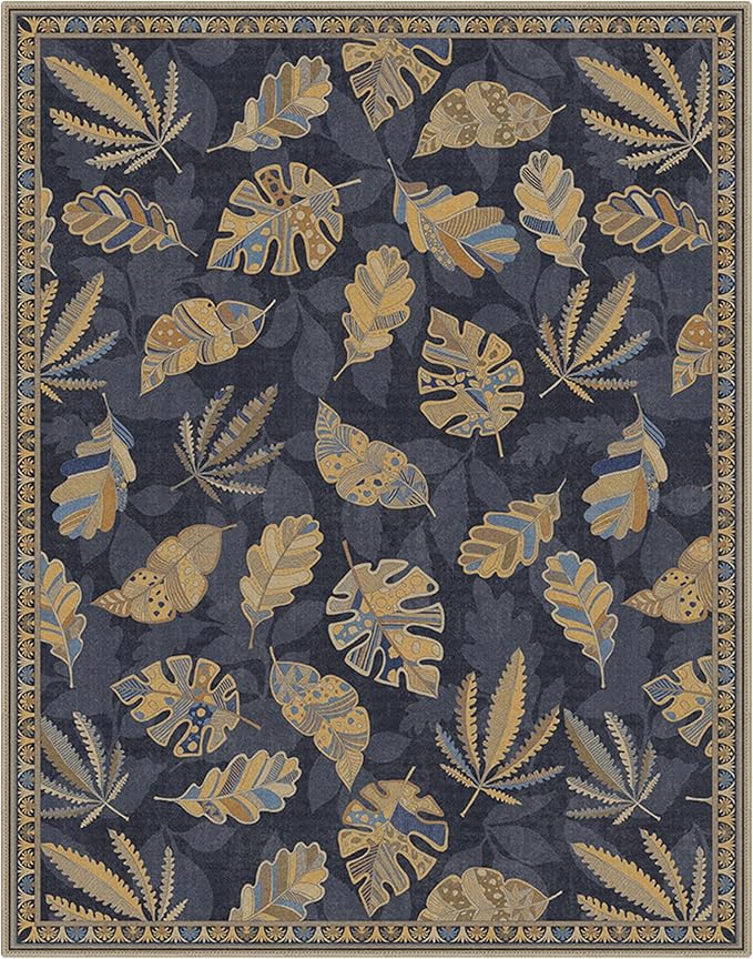 GENIMO 8x10 Area Rugs for Living Room, Machine Washable Non Slip Vintage Retro Rugs, Low Pile Soft Chenille Print Rug for Bedroom, Dining Room, Home Office, Leafy Twilight