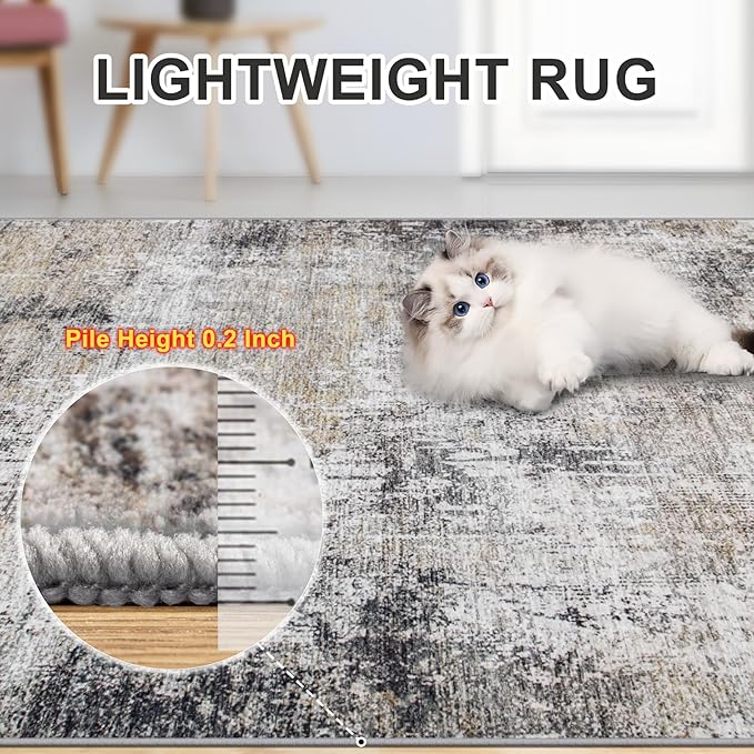 Area Rugs Living Room Rug - 5x7 Washable Modern Abstract Soft Neutral Non-Slip Carpet Large Indoor Floor Thin Carpets for Bedroom Dining Room Farmhouse Nursery Home Office Brown Black Grey
