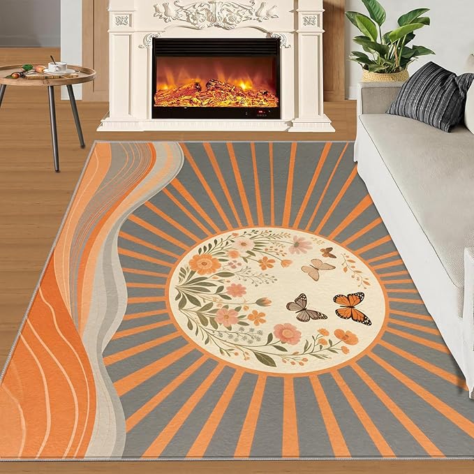 Boho Sun Runner Rugs 2x4ft, Minimalist Line Small Entryway Mats, Geometric Solar Laundry Room Rug Non Slip Durable Throw Rugs for Front Door Bedroom Bedside