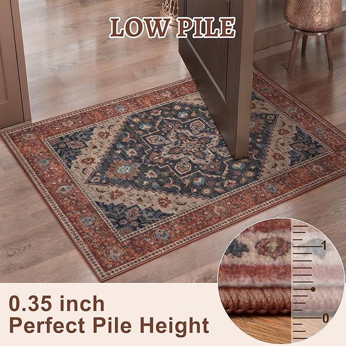 Tangsoo 3x5 Washable Rug, Vintage Rugs Indoor Area Rugs, Boho Non Slip Accent Rug Carpet, Soft Low Pile Rugs for Living Room Dorm Bedroom Bedside Entryway Bathroom Home Decor Dark Blue/Orange