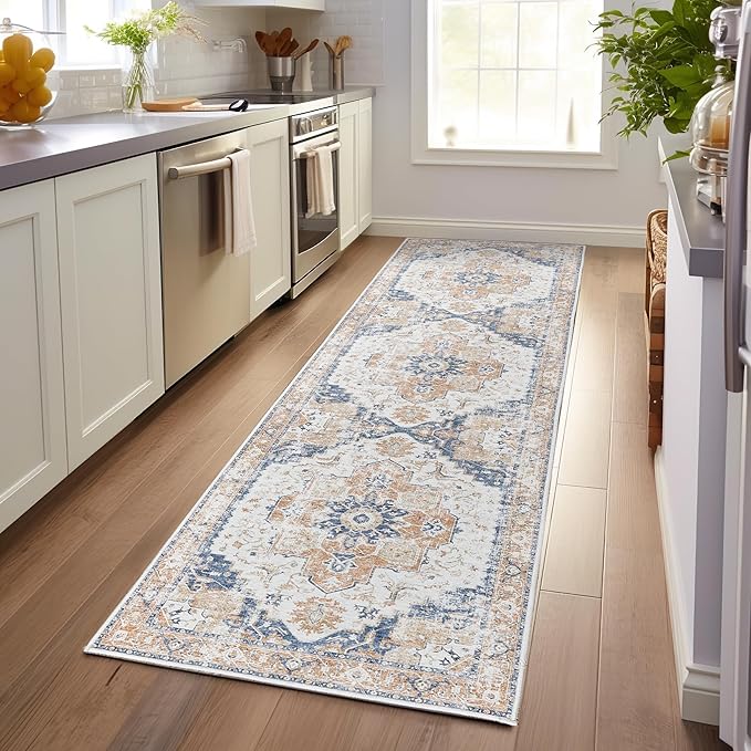 jinchan Kelda Runner Rug 3x8 Vintage Hallway Rug Washable Runner Retro Floor Cover Lightweight Non-Slip Low Pile Thin Distressed Carpet for Entryway Bathroom Laundry Room Bedroom Stairway Orange