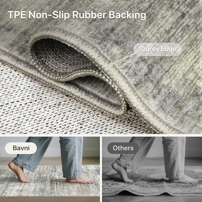 Bavni Washable Area Rug, Soft Grey Rugs Non-Slip, Thin Foldable 3x5 Rug, Modern Stain Resistant Rug for Living Room, Kitchen, Bedroom, Granite Gray