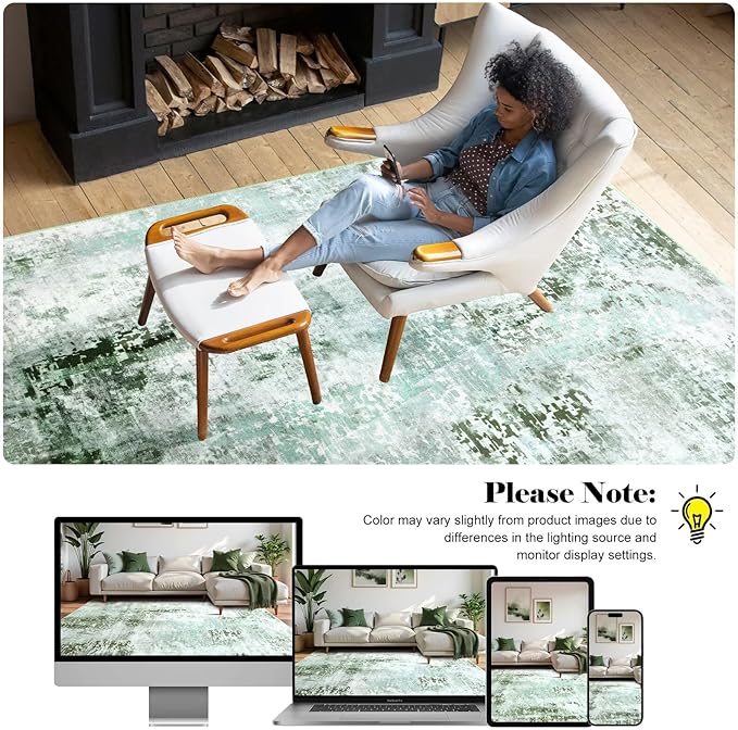 Washable Abstract Rug, 6x9 Modern Area Rugs with Non-Slip Rubber Backed for Living Room, Thin but Soft Contemporary Carpet Kitchen Bedroom Dining Room Decor, Green