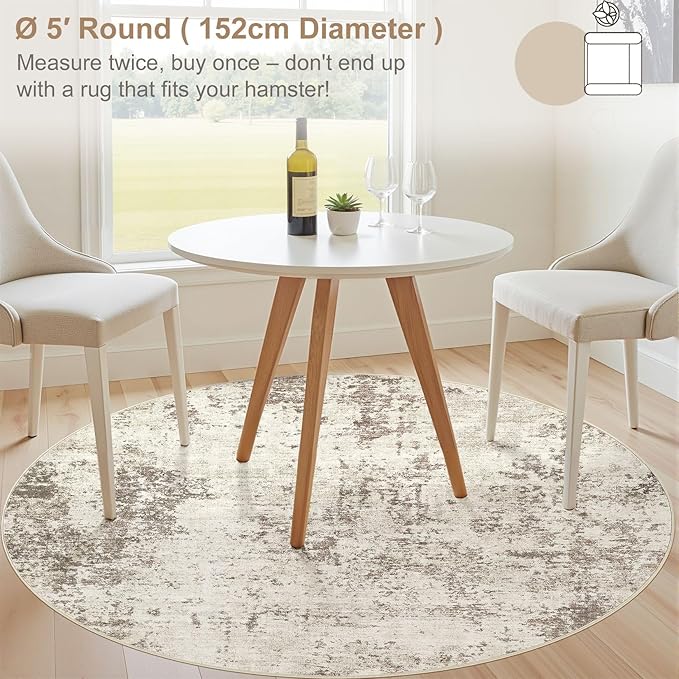 5ft Round Area Rug Living Room Rugs - 5x5 Washable Neutral Modern Abstract Soft Thin Rug Indoor Floor No Slip Rug Carpet for Bedroom Under Dining Table Home Office Decor - Golden Grey