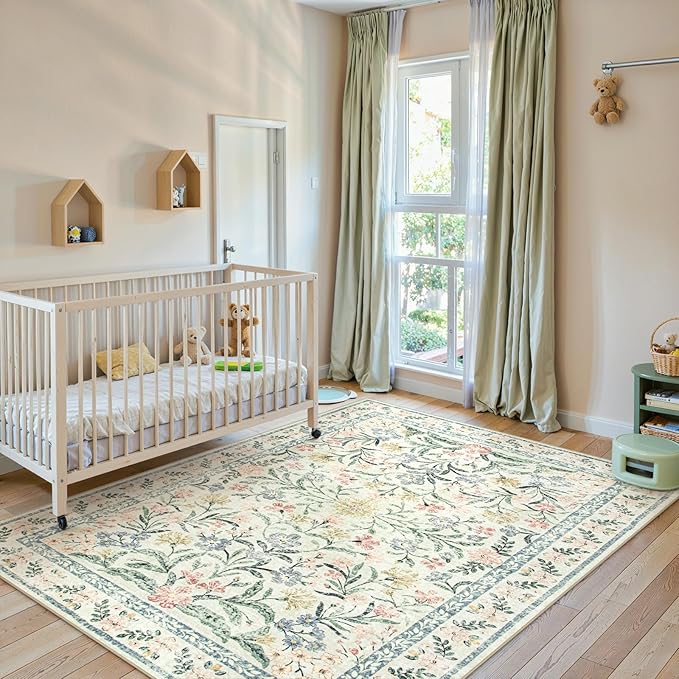 Lahome Boho Beige Rugs for Living Room 6x9, Washable Kids Rugs for Bedroom Girls, Farmhouse Soft Baby Carpet for Nursery, Non-Slip Carpet for Dining Room Playroom, Beige