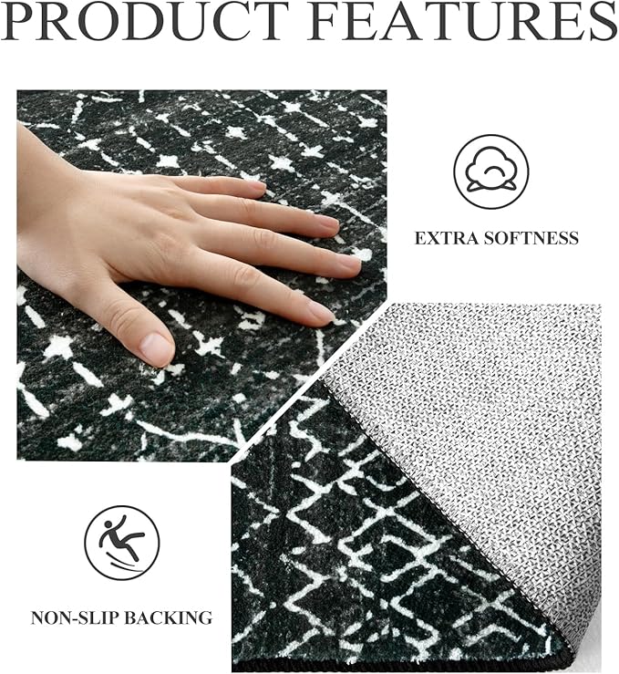 Lahome Moroccan Black Area Rug Non-Slip Low-Pile Washable Entryway Rug Kitchen Bath Mat 2'x4' Geometric Print Carpet for Hallway Bedroom