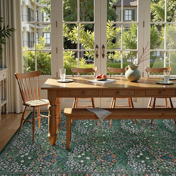 Lahome Floral Washable 6x9 Area Rugs, Soft Green Bedroom Rug for Living Room Ultra-Thin Non Slip Dining Room Rug, Stain Resistant Boho Easy Clean Throw Carpet for Office, Dark Green