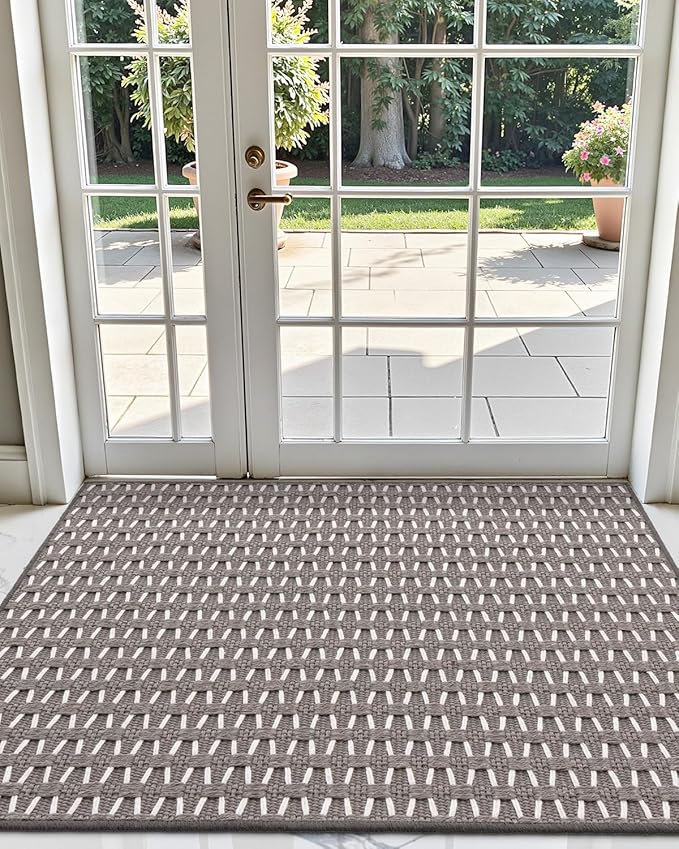 LUMI Handwoven Indoor Door Mat 24"x36", Non-Slip Low Profile Checkered Inside Doormat, Comfort Weave Grid Pattern Floor Mats, Taupe