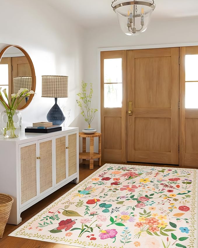 Boho Washable Area Rug 6x9 for Living Room, Bedroom, Office, Playroom, Kitchen or Dining Room, Soft Floral Carpet for Indoor Use, Easy Care Non-Slip Design (Beige)