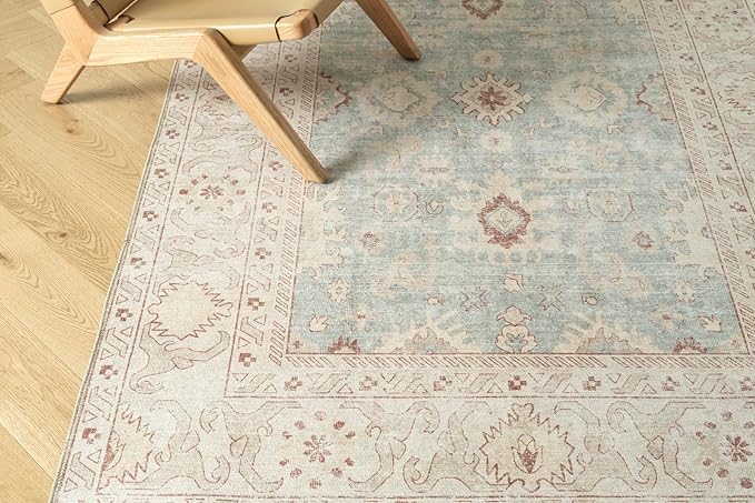 Revival Rugs Nimbus 5'x8' Zero-Shedding Area Rug for Living Room Bedroom - Oeko-TEX Certified, Low Pile, Spot Clean, Aqua, Blue