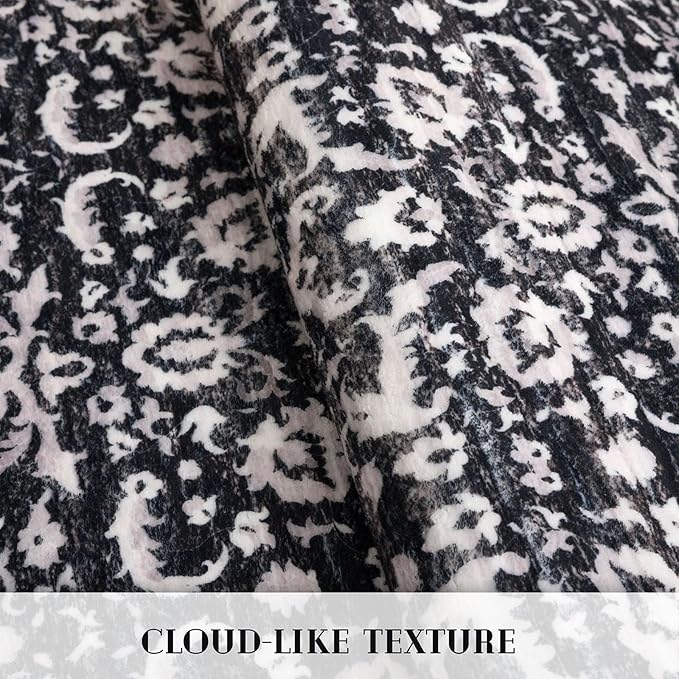Hallway Runner Rug, Black and White Washable Runner Rug 2x8 Vintage Floral Kitchen Rug Runner Non Slip Boho Thin Printed Faux Wool Super Soft Carpet for Entryway Bedroom Laundry Room Indoor