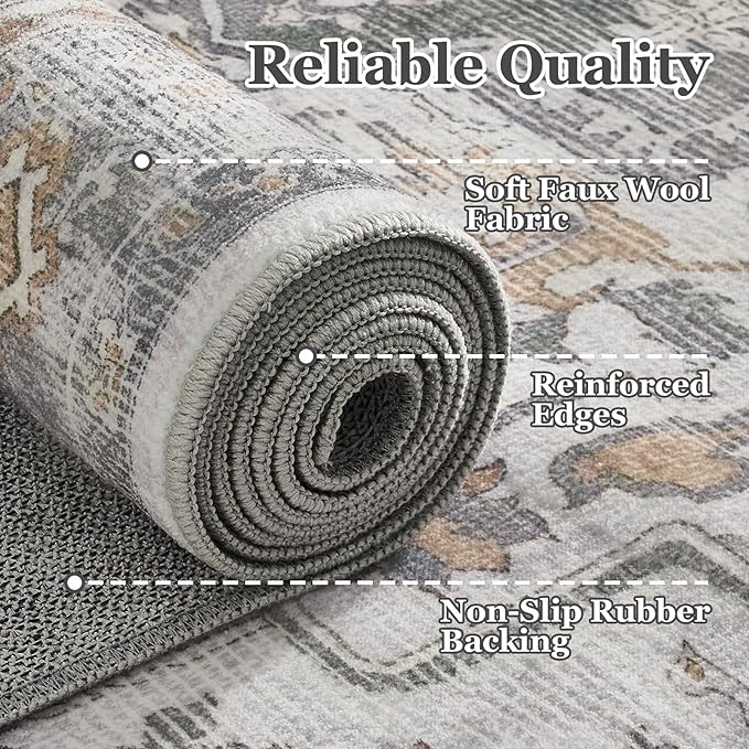 Farmhouse 6x9 Area Rugs for Living Room, Low Pile Thin Washable Non Slip Rugs for Bedroom Dining Room, Distressed Medallion Printed Soft Carpet for Home Office Guest Room, Grey/Orange-Brown