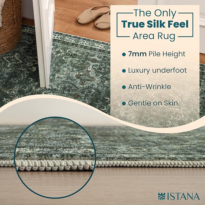 Istana 8x10 Area Rug - Dark Green 8x10 Rugs for Living Room - Foldable Rugs for Bedroom - Stain Resistant Washable Rug - Eco-Friendly Area Rugs - Easy to Clean Living Room Rug