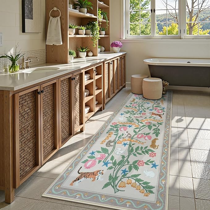 Collive Runners Rug for Hallway 2.6x8, Jungle Animal Washable Kitchen Runner Carpet Non Slip Soft Bathroom Mats, Beige Low Pile Stain Resistant Entryway Rugs for Bedroom, Indoor Decor
