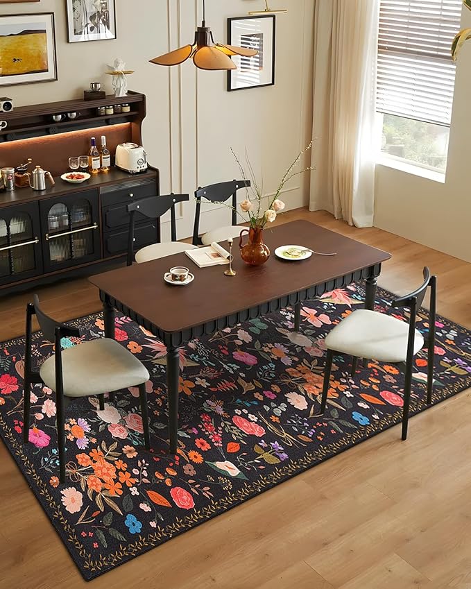 Boho Washable Area Rug 4x6 – Floral Low Pile Non-Slip Carpet for Living Room, Bedroom, Office, Playroom, Entryway, Kitchen, Dining Room (Black)