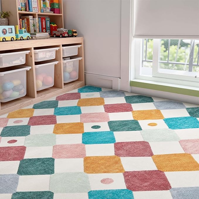 jinchan Macy Area Rug 6x9 Kids Washable Rug Indoor Floor Cover Non-Slip Modern Soft Rug Elementary School Classroom Diamond Carpet for Nursery Playroom Daycare Living Room Bedroom Confetti on Cream