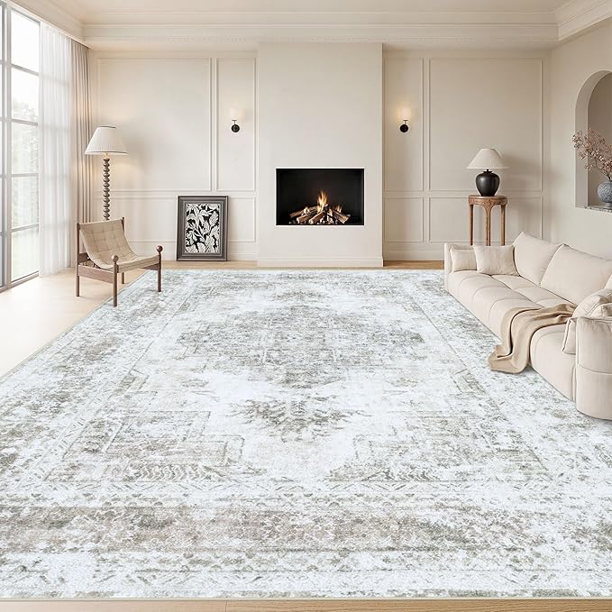 Area Rug 8x10 Living Room Rug, Machine Washable Vintage Distressed Medallion Rug Non-Slip Soft Low Pile Large Indoor Rugs for Bedroom Kitchen Dining Room Office(Taupe,8'x10')