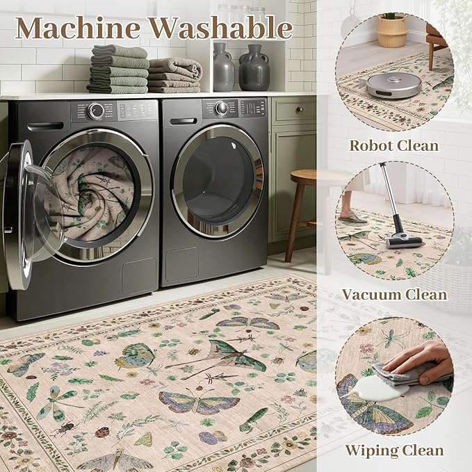 5x8 Non-Slip Insect Print Rug - Indoor Low Pile Machine Washable Bug Rug for Entryway, Front Door, Nursery, Bedroom, Kitchen, Laundry (5'x8' Beige Green)