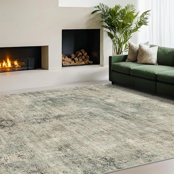 Tan and Moss Rugs for Dining Room - Neutral Abstract Faded Patterned Accent Rug 5x8 for Living Room, Home Office, Bedroom Foldable Soft Washable