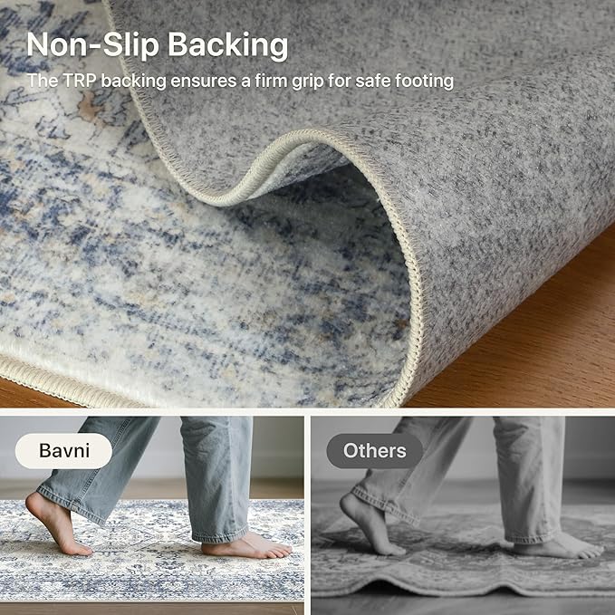 Bavni Washable Runner Rug 2’6”x10, Non Slip Vintage Hallway Runner, Ultra Thin Low Pile Washable Carpet for Kitchen Entryway Bedroom, Light Blue