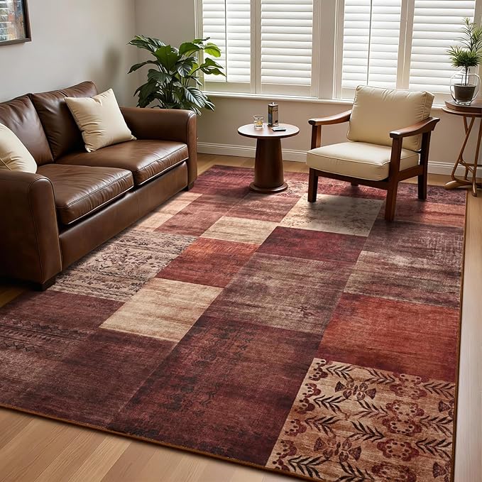 DweIke Large Modern Washable Area Rugs 8x10, Living Room Rug Non-Slip and Non-Shedding Large Rugs for Bedroom, Low Pile Indoor Rubber Backed Carpets for Dining Office Home Decor, Red