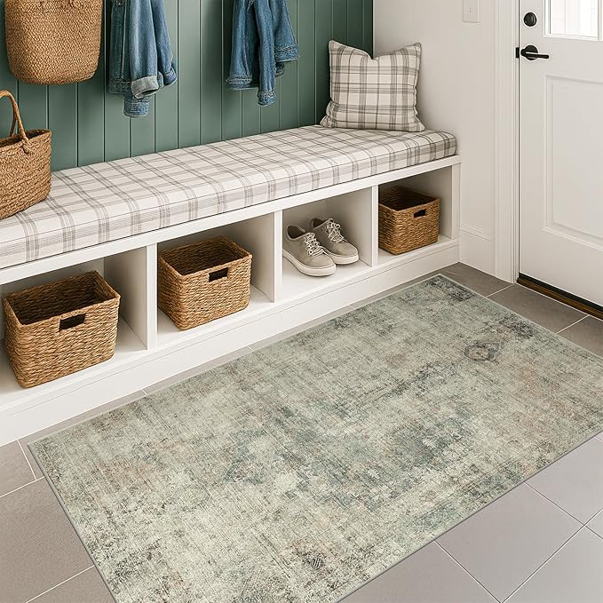 Moss Green Farmhouse 3x5 Large Entryway Rugs Indoor - Non Slip Washable Area Rug for Kitchen, Laundry Room, Low Pile Soft Carpet for Bedroom, Stain Resistant Vintage Indoor Decor